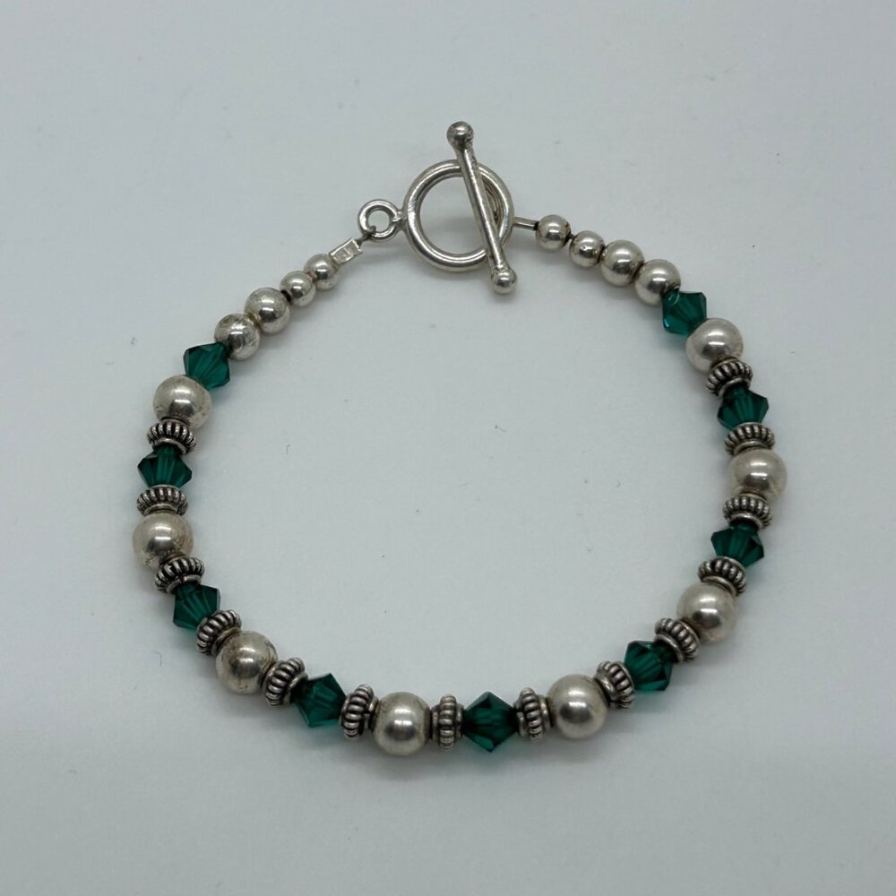 Artisan Sterling Silver Bracelet Green Crystal Bead Toggle Clasp 6.5" 10 grams - Picture 9 of 15